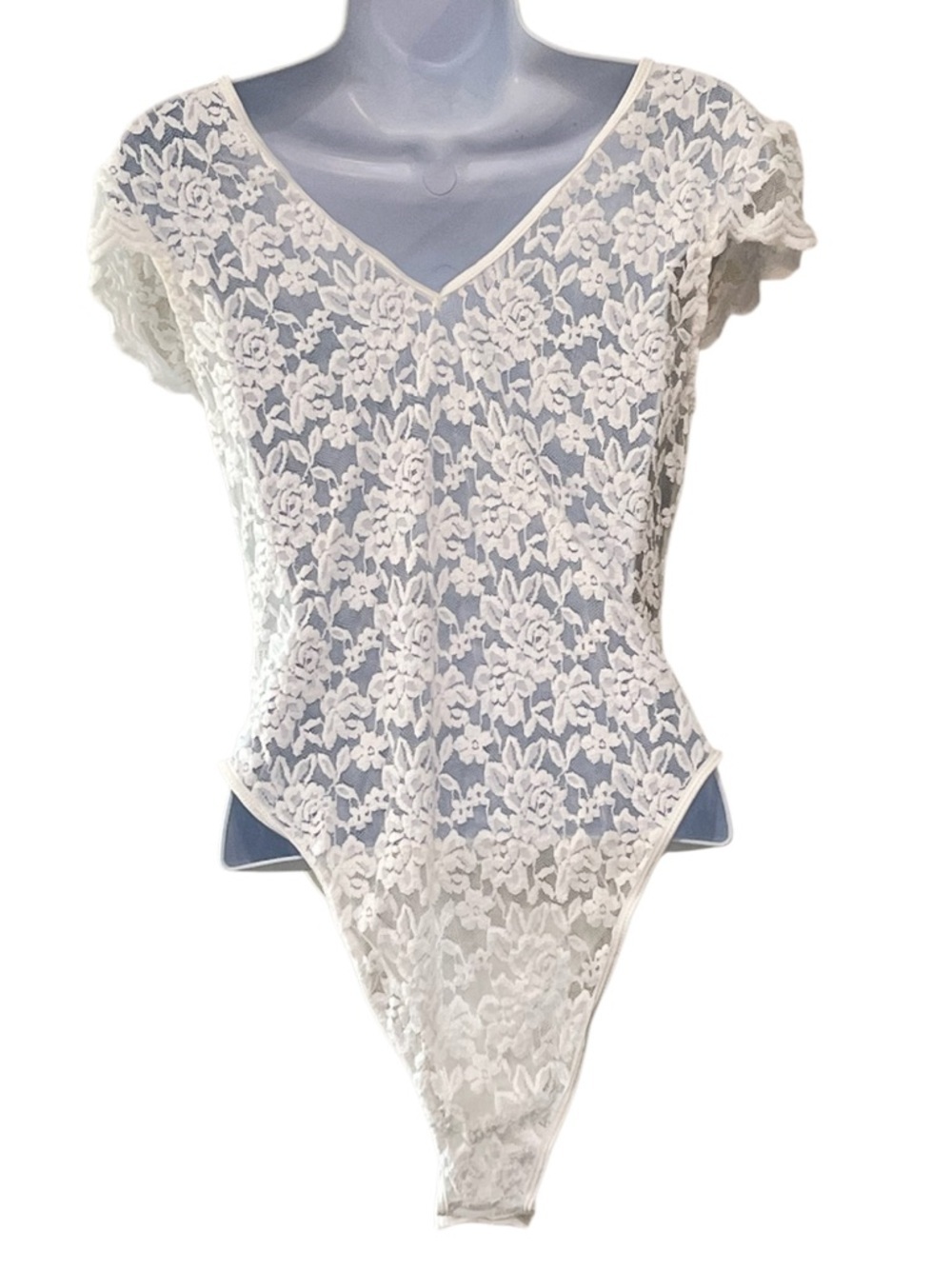 White Lace V Neck Bodysuit Cap Sleeve Sheer Floral Snap Closure - Picture 3 of 8